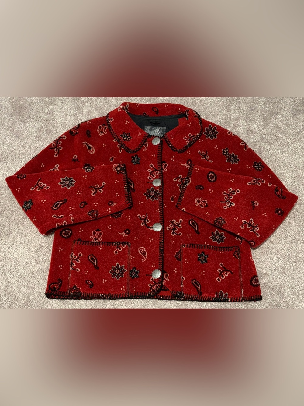VTG Tsunami Fleece Red Jacket Women’s Medium Bandana Paisley Grandma Cottage 90s